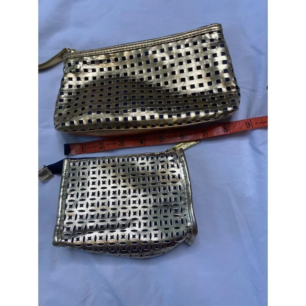 Estée Lauder Womens Beauty Cosmetic Makeup Travel Bag Gold Metallic Lot Of 2